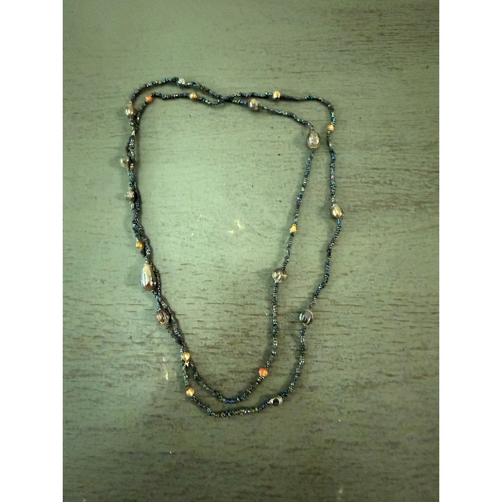 Boho Iridescent Multi Strand Seed Bead Necklace Metallic Accent Beads 24 Inch
